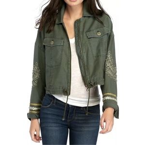 Free People Crop Military Embroidered Cotton Jacket Olive Green Medium Fall Boho